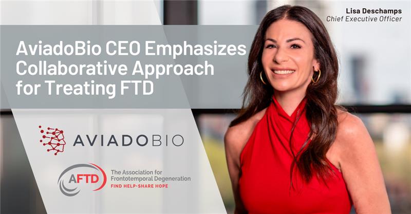 AviadoBio CEO Emphasizes Collaborative Approach for Treating FTD CEO Lisa Deschamps smiling with long, brown hair parted in the middle, wearing a red dress