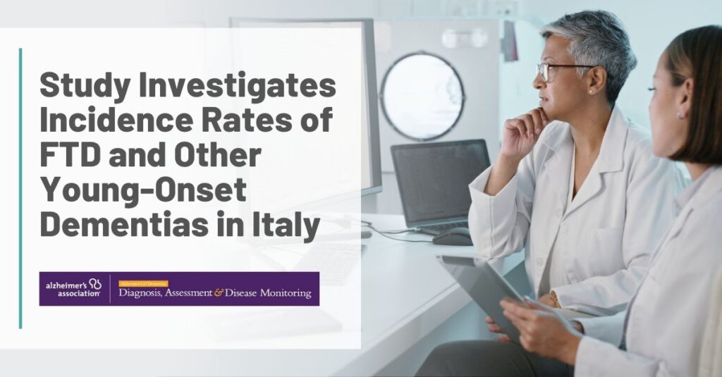 Text: Study Investigates Incidence Rates of FTD and Other Young-Onset Dementias in Italy Background: Two scientists looking over results on a PC screen