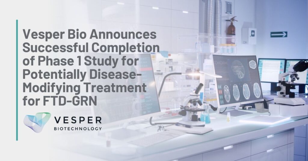 Text: Vesper Bio Announces Successful Completion of Phase 1 Study for Potentially Disease-Modifying Treatment for FTD-GRN Background: A laboratory, with a computer displaying PET scan results.