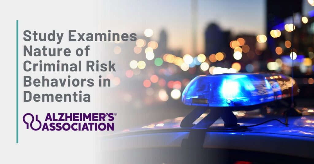 Text: Study Examines Nature of Criminal Risk Behaviors in Dementia | Background: The lightbar of a police car flashes with a city in the background